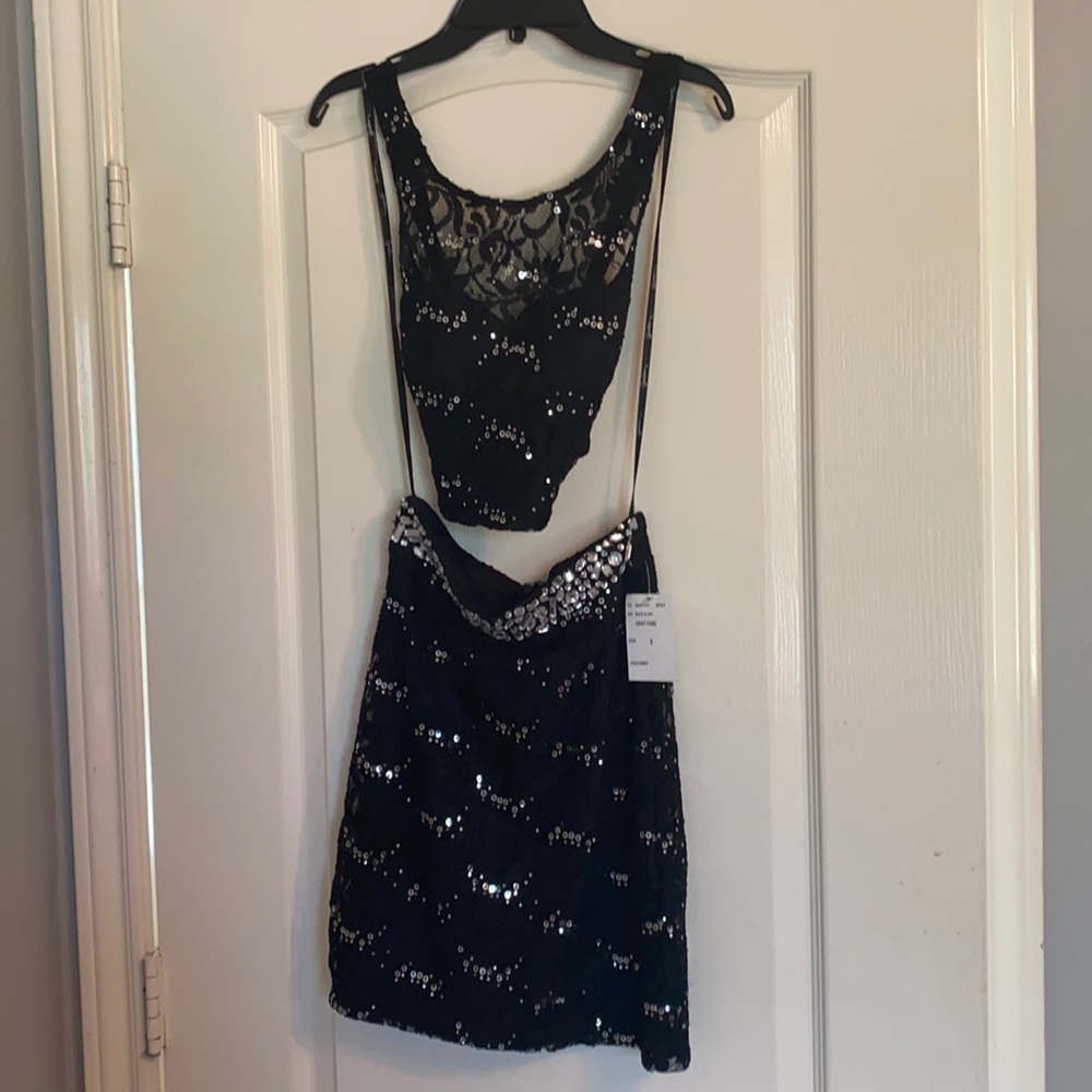 Black sequined two piece formal dress